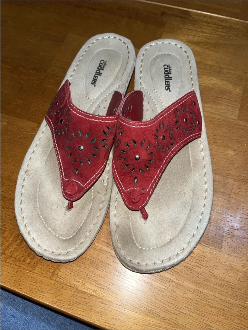 *Cobbie Cuddlers* Womens Sz 10Wide CUTE Sandals Red Leather/Suede w/Low Wedge!